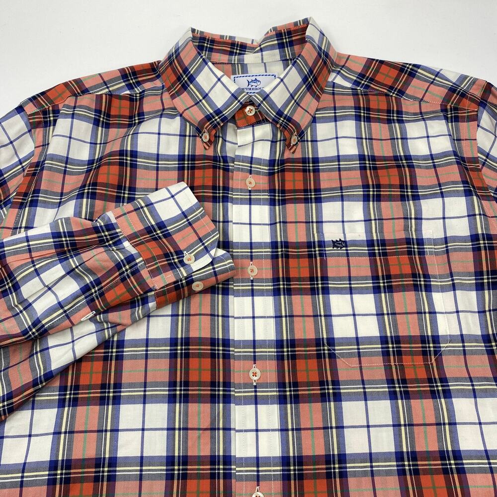 Southern Tide Large Orange Blue Plaid Classic Fit Long Sleeve Button Down Shirt